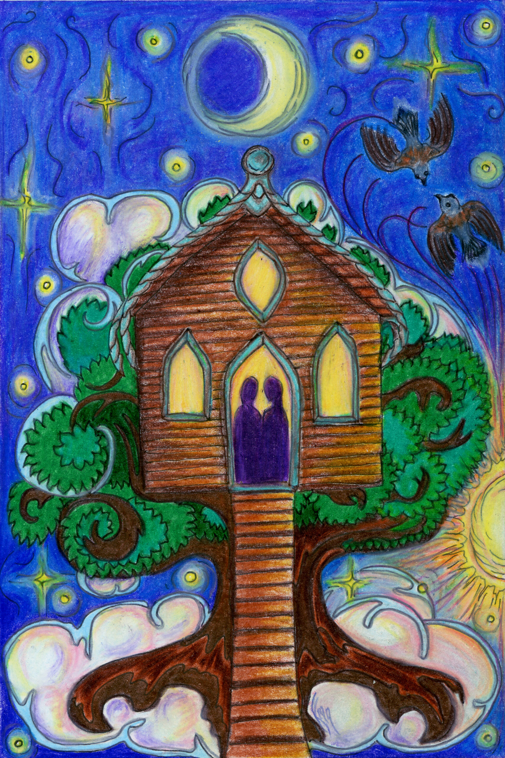 A coloured pencil drawing of a small house nestled in the branches of a tree with curling roots digging into a cloud, as the sun sets and the night sky emerges. In the doorway of the house are the silhouettes of two people standing close, and in the sky to the viewer's right two swallows fly toward each other between the setting sun and a waxing crescent moon.