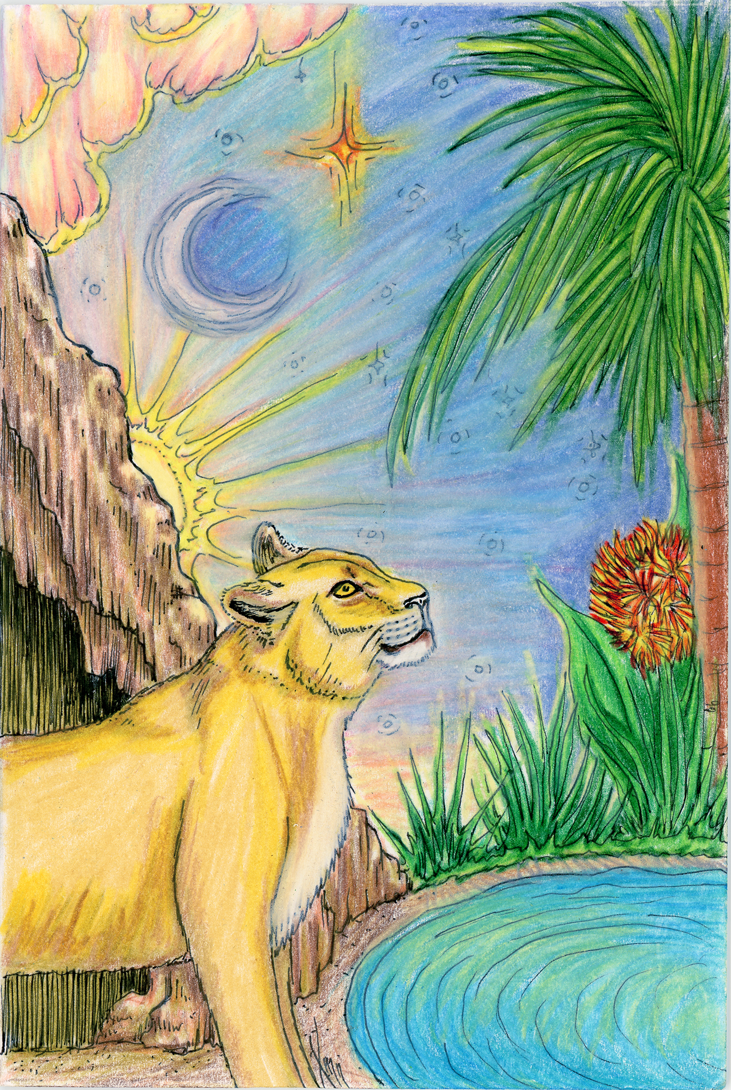 A coloured pencil drawing of a lioness emerging from a cave at sunrise to stand by an oasis, with a clear pool of water at her feet and a palm tree and red and yellow flowers in the background. She holds her head high, looking up at the changing colours in the sky beneath the morning star of Venus, a waning crescent Moon, and the rapidly rising Sun.