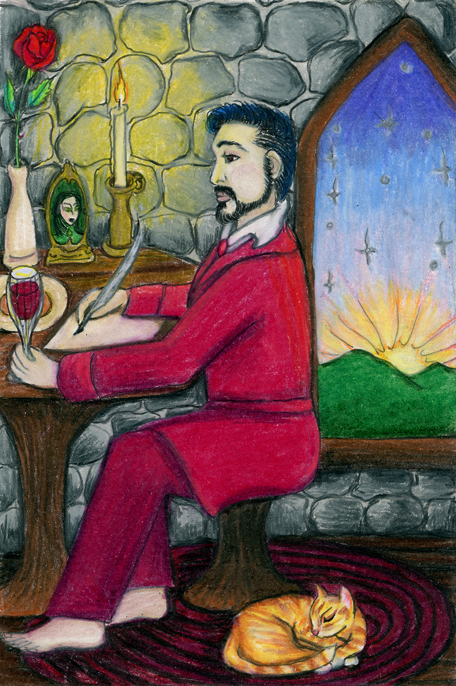 A colourful drawing of a poet in a red smoking jacket seated at a writing desk in a castle, holding a crystal glass of red wine in his left hand and a quill paused in his writing in his right hand. There is a portrait of a woman in green on the desk flanked by a red rose in a vase to the viewer's left and a candle to the viewer's right, casting a warm glow on the stone wall. A gothic window to the viewer's right reveals the sun rising from behind green hills, beneath a few silvery stars. A ginger cat sleeps on a round red rug near the poet's feet.