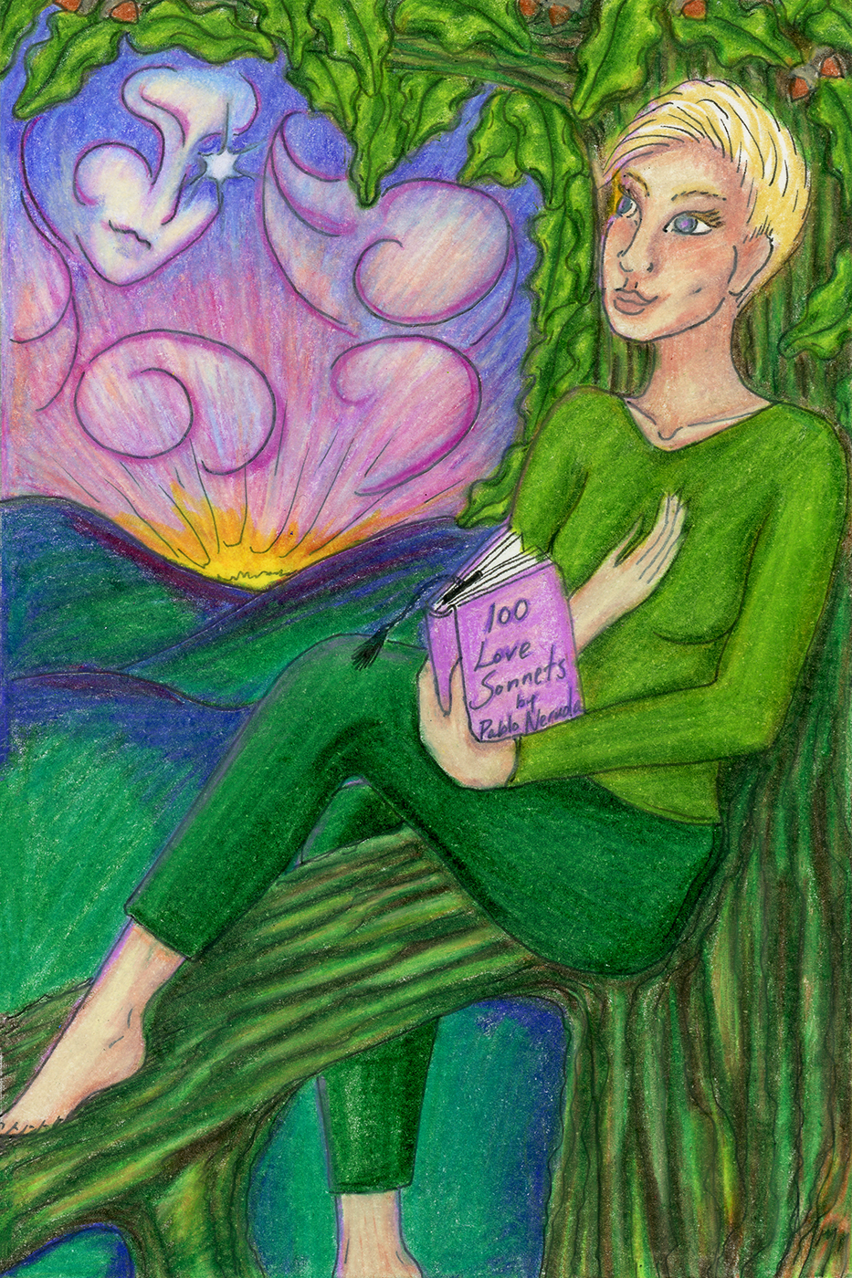 A woman with short blonde hair dressed in a green crew-neck sweater and green capri pants, barefoot, sits in a mossy oak tree with a book in her lap (100 Love Sonnets by Pablo Neruda). She holds the book in her left hand with her right hand placed on her chest above her heart, and looks at the sunset over rolling green hills darkening to purple. In the clouds coloured pink and red and gold by the sunset there is a face with the evening star in one eye, looking back at the woman in the tree, both of them wearing slight smiles.