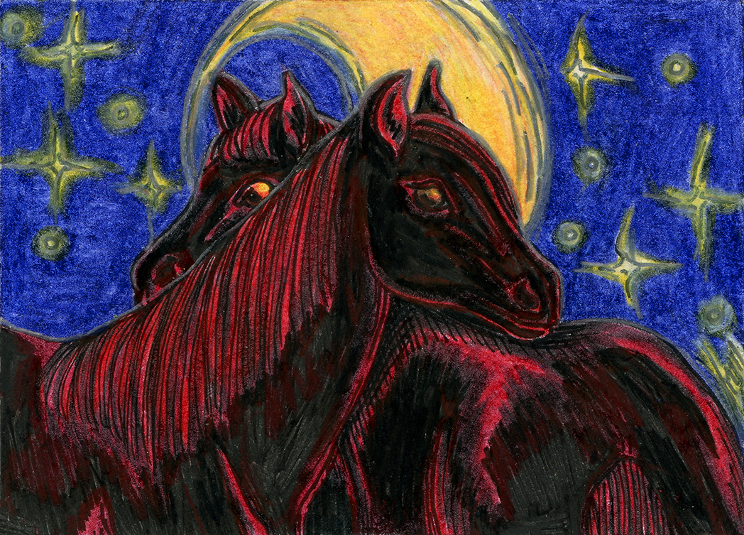 Two black horses with reddish manes and highlights nuzzling beneath a golden waxing crescent Moon and stars in the background.