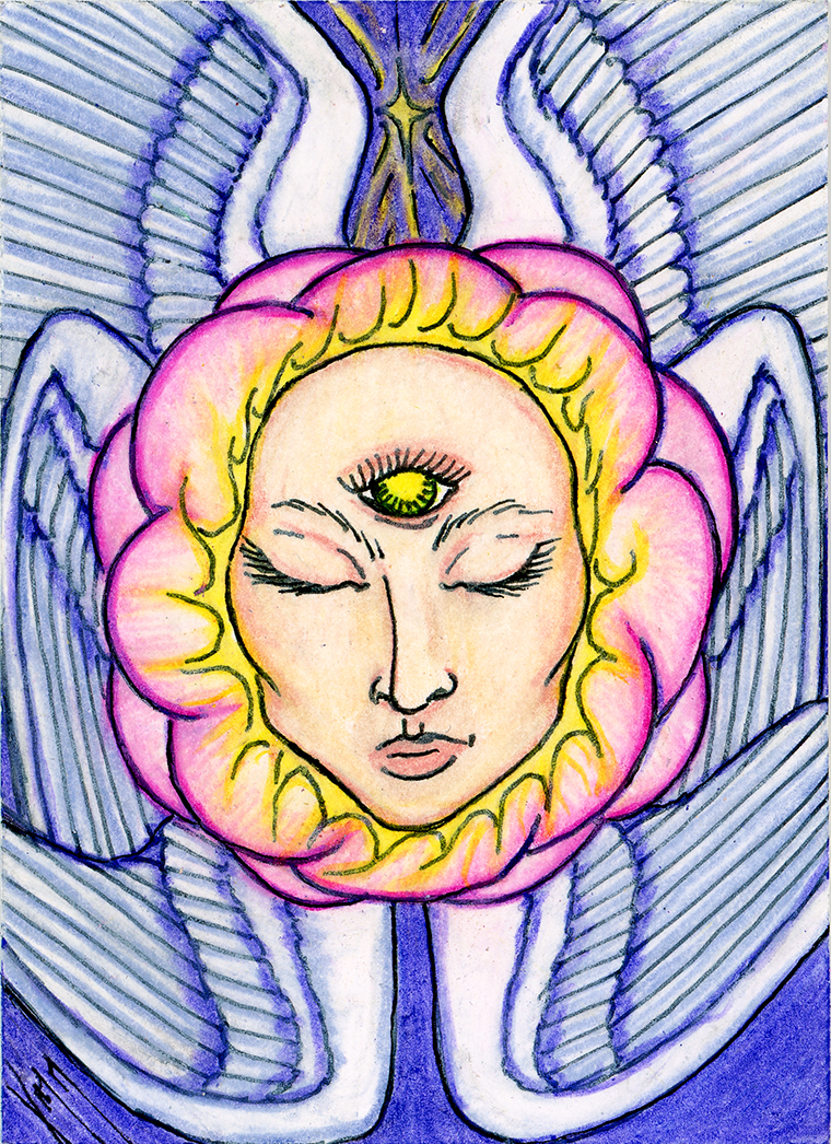 A coloured pencil drawing of a disembodied humanoid face with two eyes closed and a third eye open, surrounded by a ring of bright yellow curling like the Sun's corona, all within a variegated pink rose and surrounded by the six wings of a Biblically accurate angel, with a single star overhead.