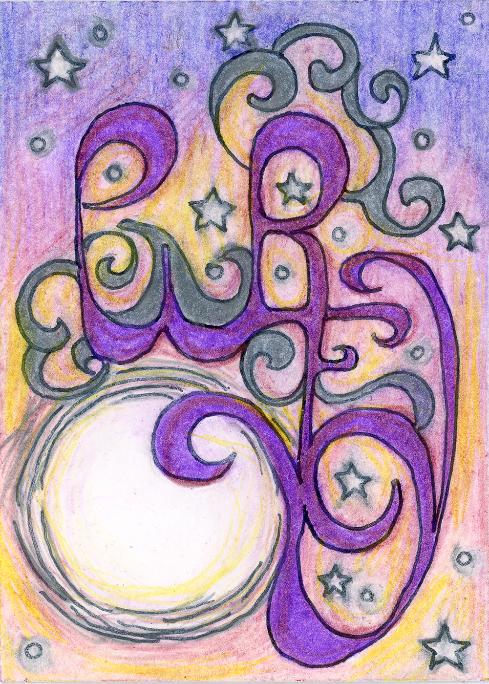 A swirling purple sigil amid silvery clouds wrapped around a glowing full Moon in a gold and rose dawn sky with fading stars all around.