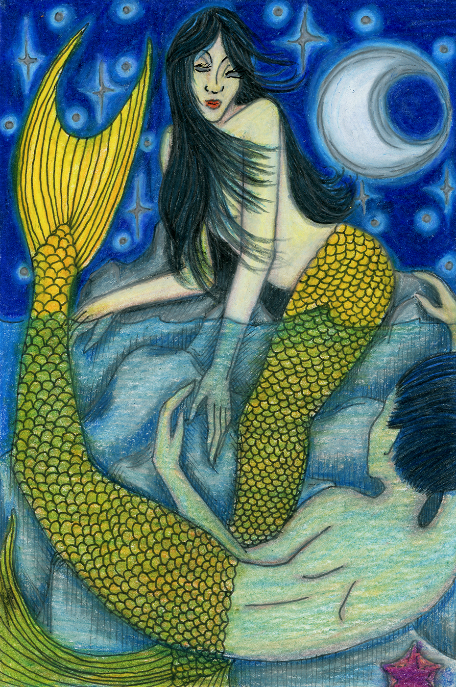 A colourful drawing of a pair of merfolk with golden scales. The female of the pair is seated on a large rock beneath the waning crescent Moon and stars, looking down into the water at the male of the pair, who has just jumped into the water and is curled down at the bottom of the picture, about to climb up onto the rock. Their hands are near each other on the rock, but not touching.