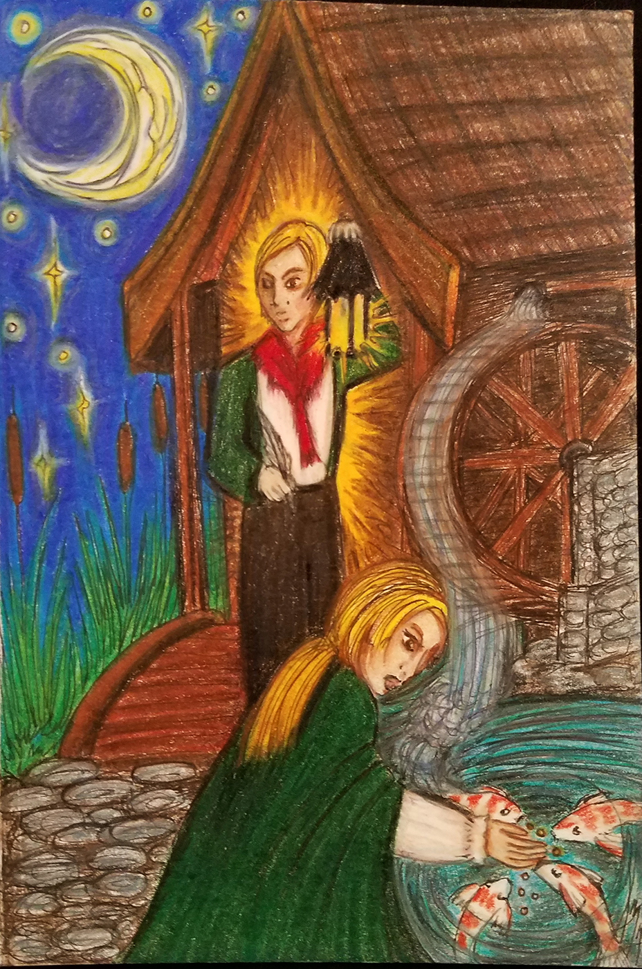 A night scene with a blonde pair of fraternal twins appearing to be in their mid-20s in front of a small unpainted wooden cottage with a pond and water wheel to the viewer's right. The brother holds a lantern in his left hand and a quill in his right, while his sister kneels down to feed white and orange koi fish in the pond. A waxing crescent Moon and stars shine above cattails to the viewer's left.
