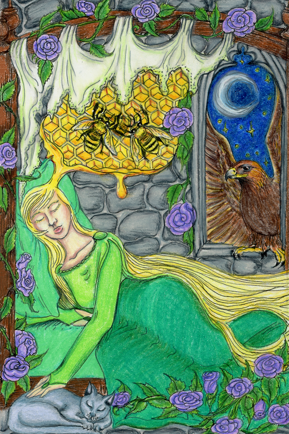 A woman in a green dress sleeps on a green bed in a grey stone castle room, her long blonde hair draped down to her feet. There are the remnants of a lace canopy overhead, with lavender roses climbing all along the wooden frame and along the floor where a Russian blue cat sleeps. The dreaming woman's hand gently caresses the cat. Above her head is her dream of a great honeycomb with two honey bees and a golden drop of honey threatening to come down upon the sleeper. In the gothic arched window a golden eagle has landed with wings still raised and gazes upon the sleeping woman. Between the eagle's wings can be seen a starry midnight sky and the waning crescent Moon.