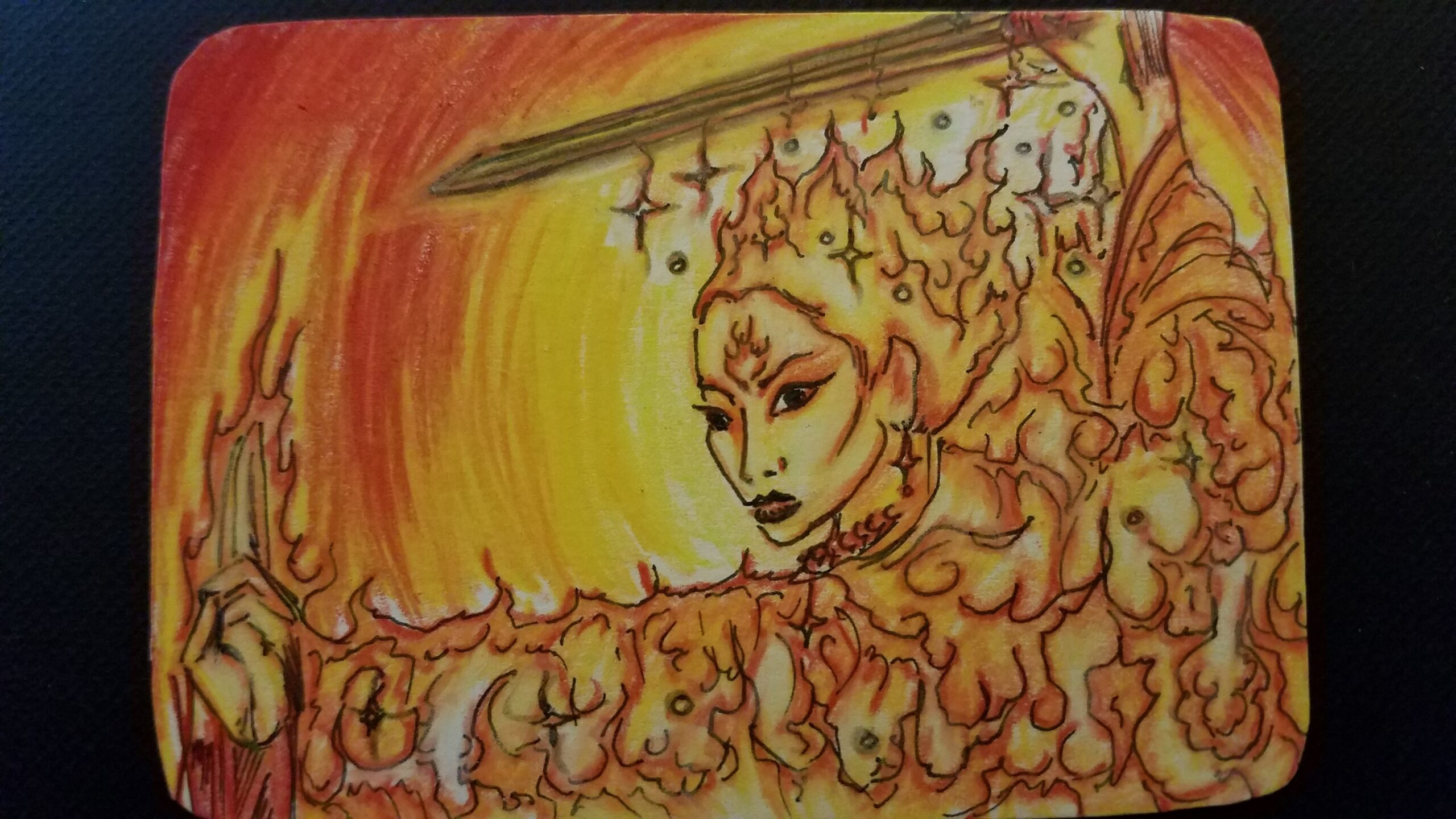 A miniature coloured pencil drawing in landscape format of a woman formed of fire seen from the arms and shoulders up. She is of Asian descent and her arms are held in a martial artist's posture, with her right arm holding a sword over her head, pointing in the direction she is facing, toward the viewer's left, and her left arm is extended across the bottom of the image, with her hand upright, the first two fingers extended, a counterbalance to the sword. Her expression is serious and focused, but not unkind, as she looks toward the viewer out of the corners of her eyes.